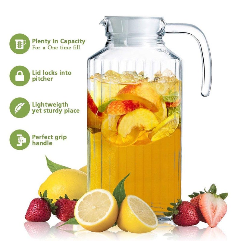 AMBSS SYS Glass Ware Ribbed Pitcher With Lid And Handle, Up To 60oz.Each- Sleek And Elegant, For Milk, Iced Tea, Juices, Water etc. 1.8 L. (Lid is White) (1) - Image 2